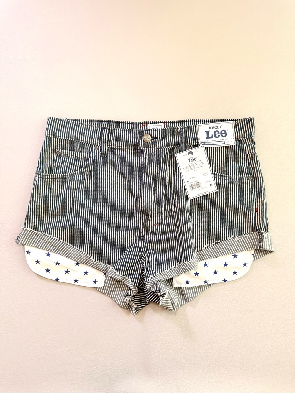 Lee x Kacey Musgraves Railroad Stripe High Rise Denim Shorts Star Pockets Sz 14